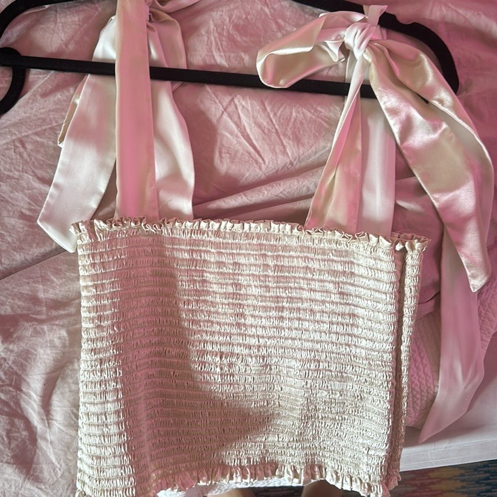Gold tube top with ribbons as straps from shop Koch.